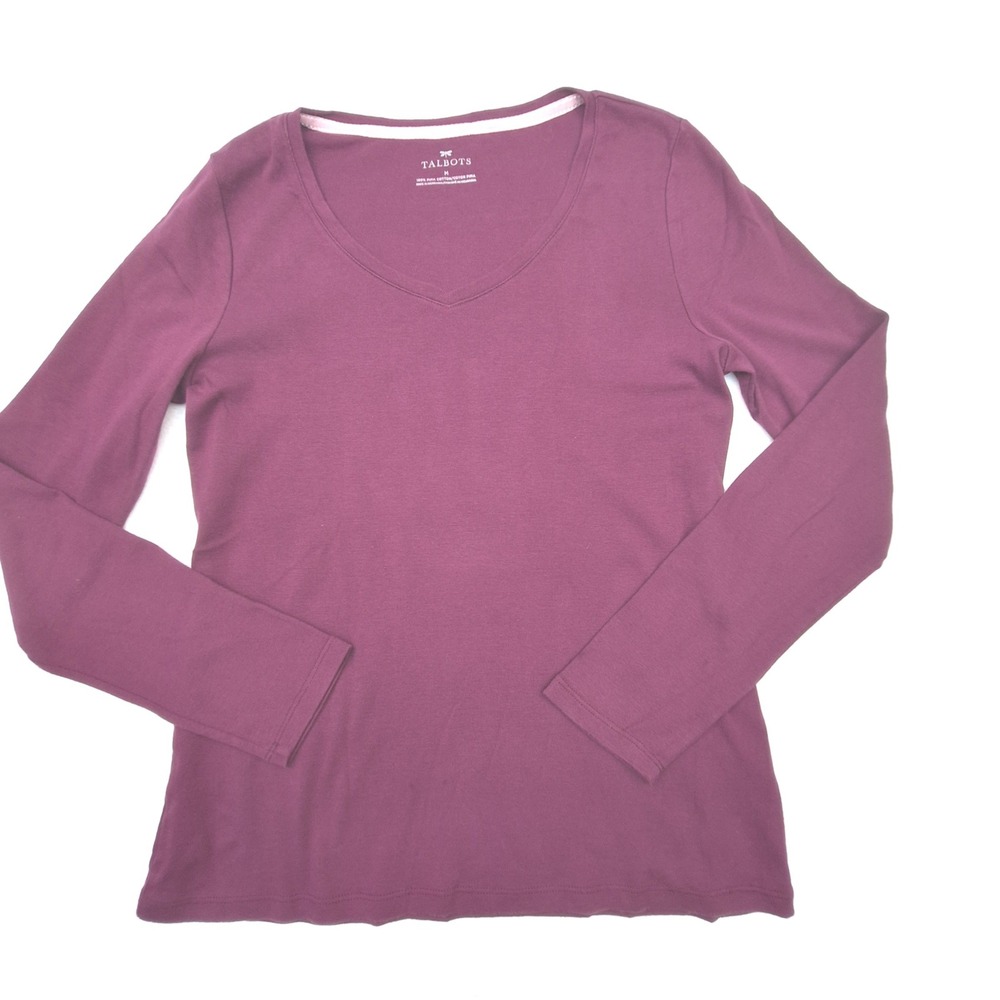 Talbots T-Shirt Womens Medium Purple Pima Cotton V-Neck Long Sleeve Basic Tee